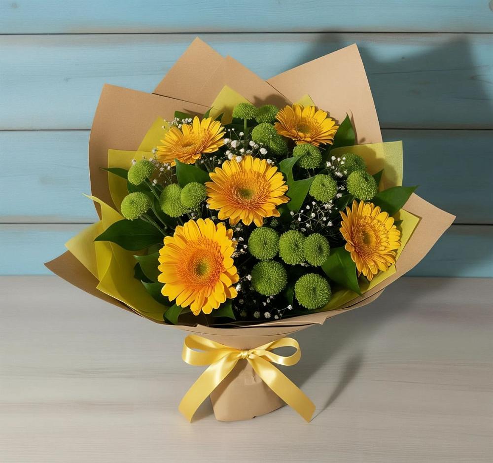 Букет цветов из: Герберы и Хризантемы в Большие Колпаны