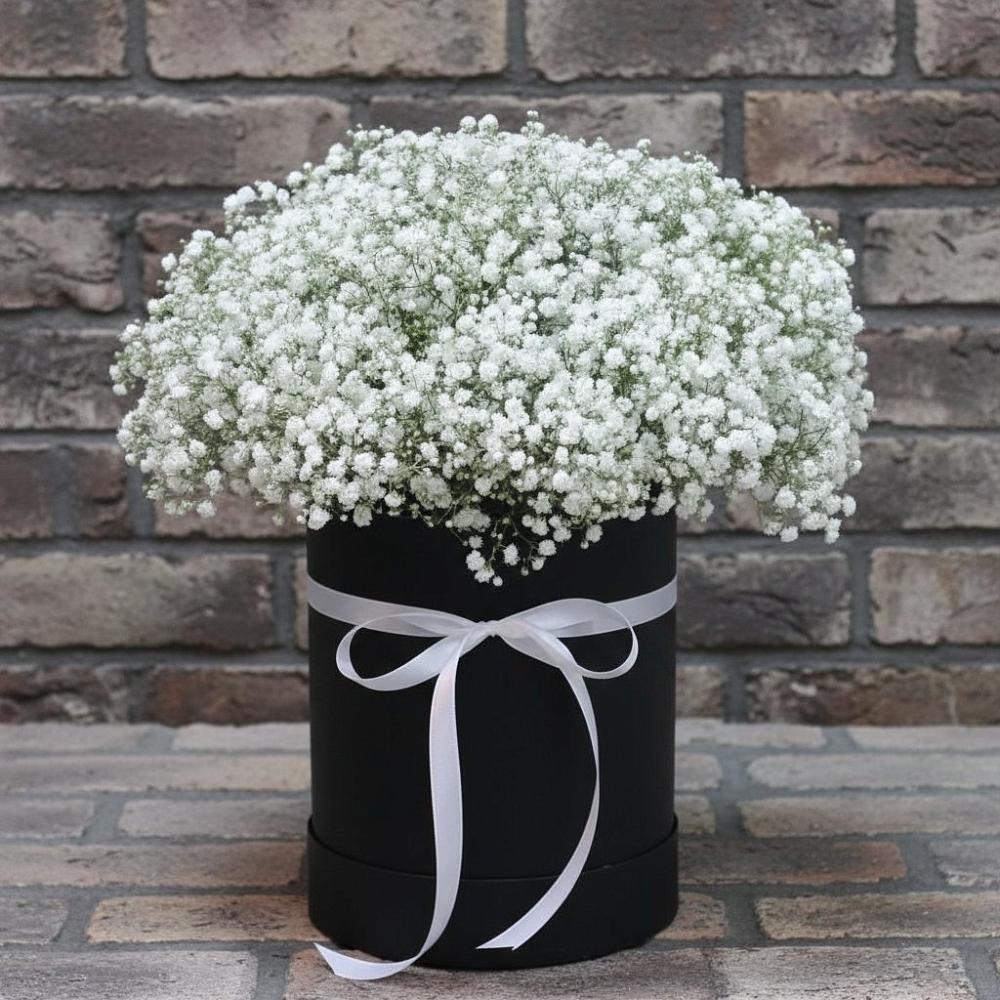 Цветочная композиция из Гипсофила в шляпной коробке в Большие Колпаны