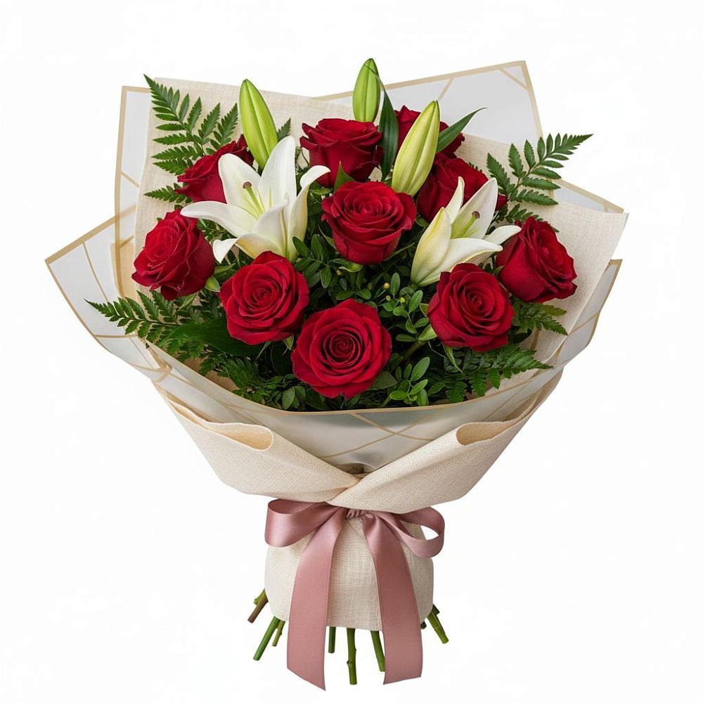 Букет цветов из: Лилии и Розы в Большие Колпаны