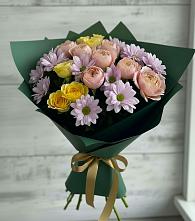 Букет цветов из:  Хризантемы и Розы в Большие Колпаны