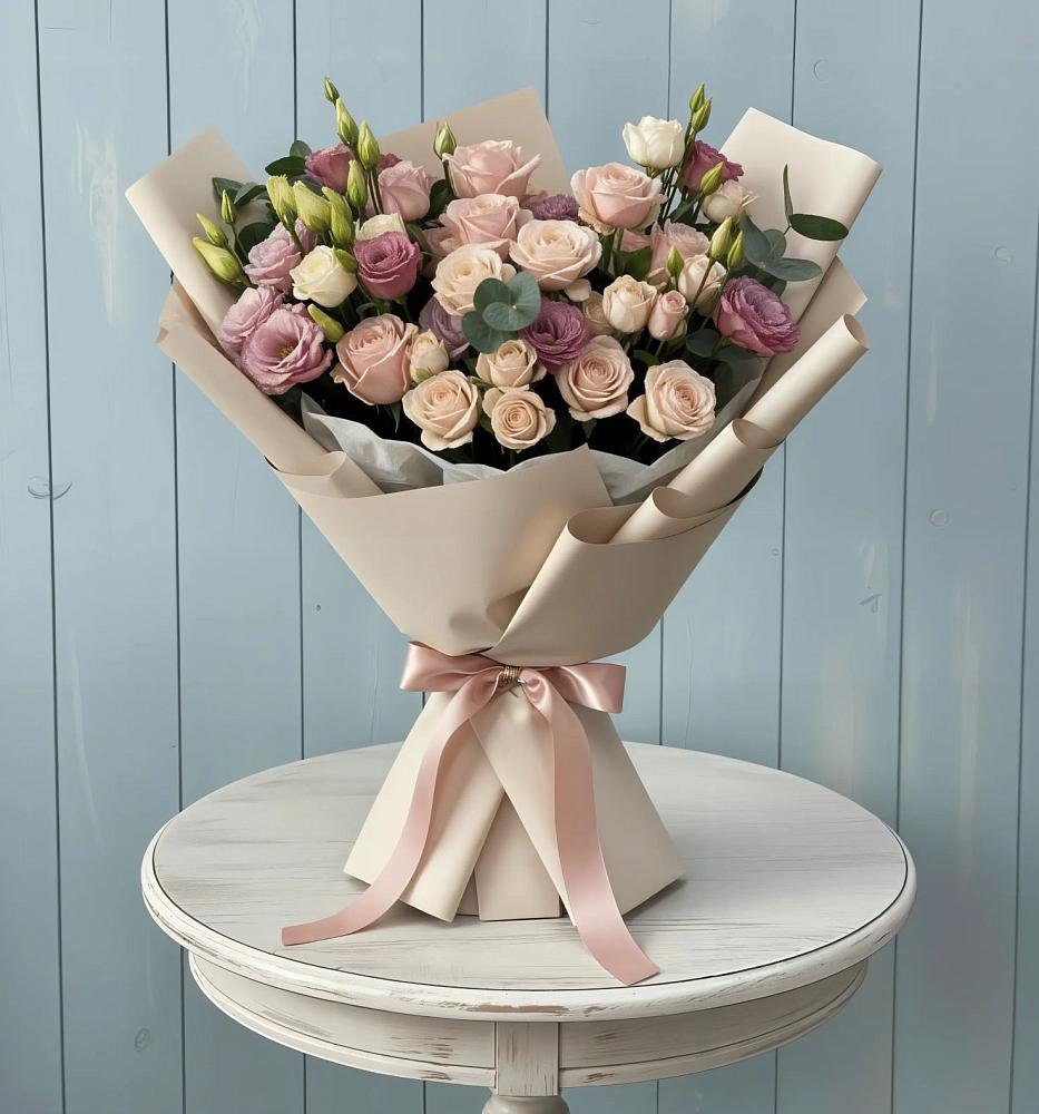 Букет цветов из: Розы и Лизиантусы в Большие Колпаны