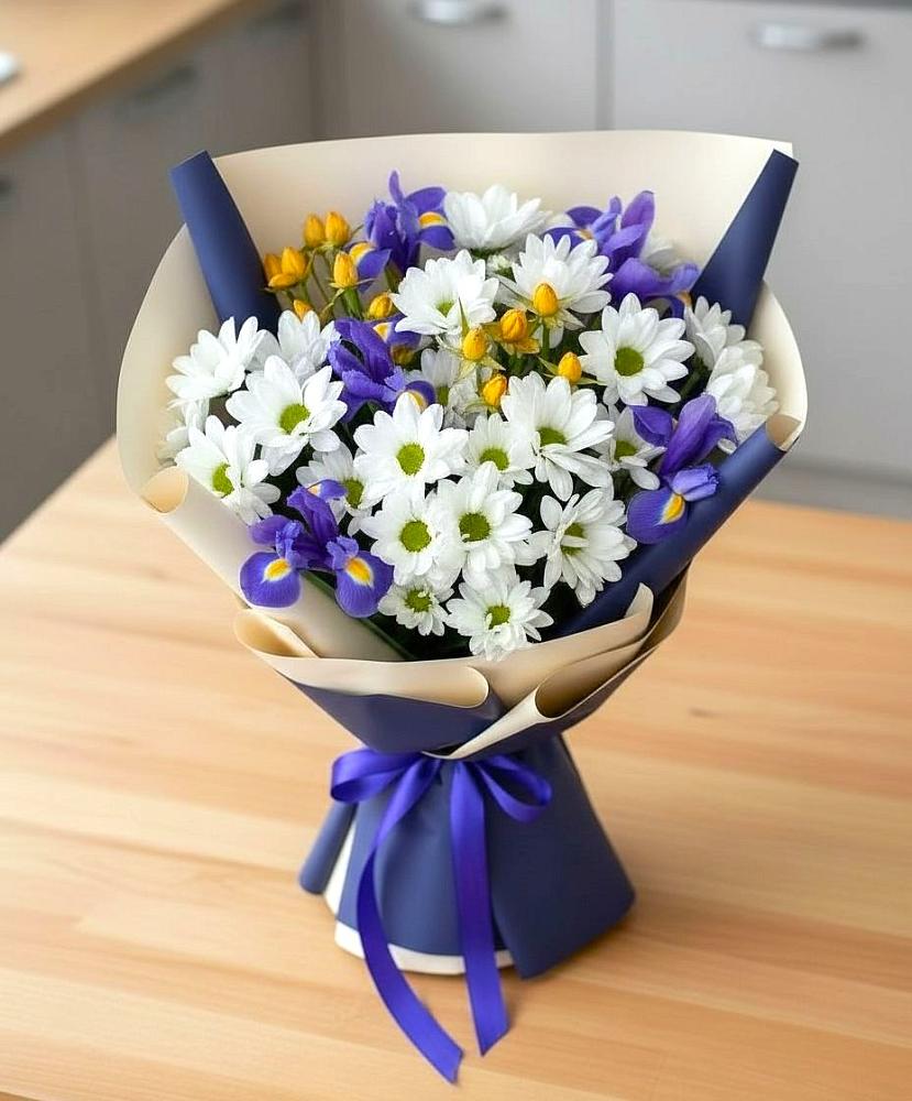 Букет цветов из: Розы, Ирисы и Хризантемы в Большие Колпаны